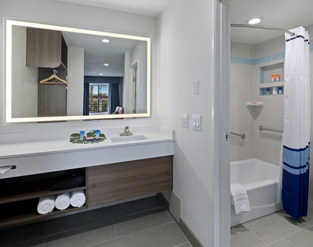 Bathroom Vanity with Shower and Tub with grab bars