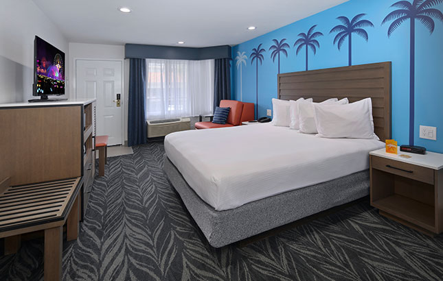 A hotel room with a bed, TV, chair, and window