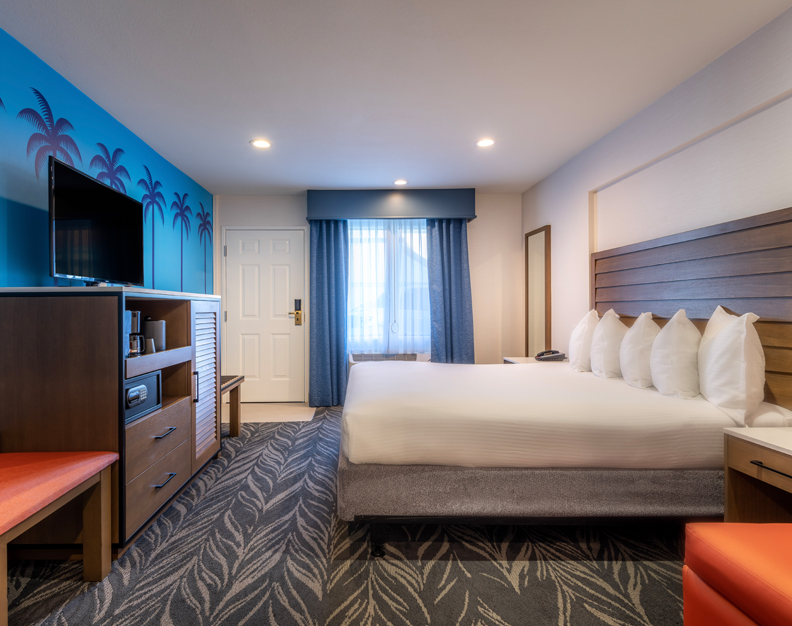 A hotel room with a king-sized bed, TV, and window